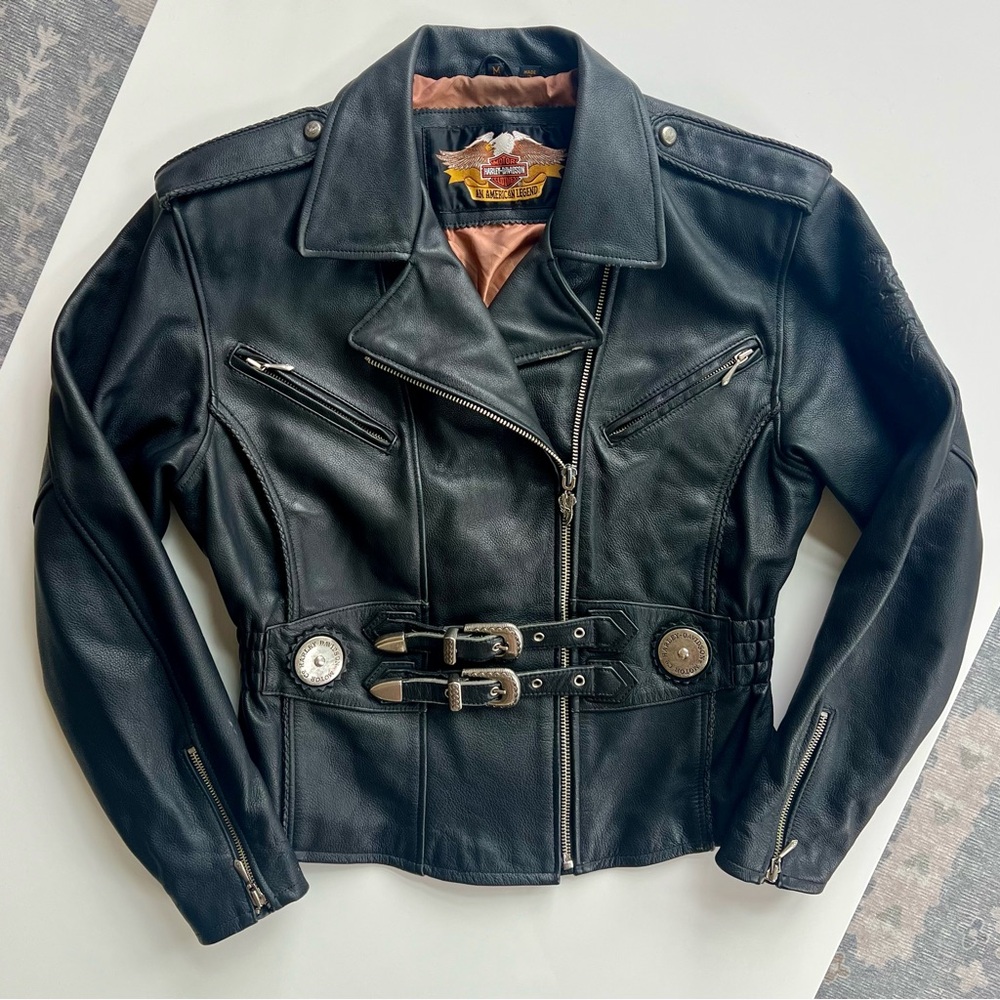 Harley-Davidson Black Leather Jacket with Buckle Detail